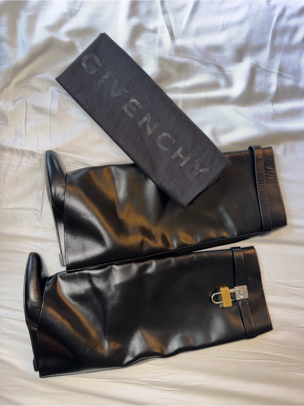 Authentic Givenchy Shark Boots Black Leather Tall Heeled Boots with Padlock